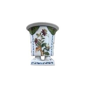 Vtg LJ Japan Footed Porcelain Cachepot Floral Gold Rim Small Matchstick Holder